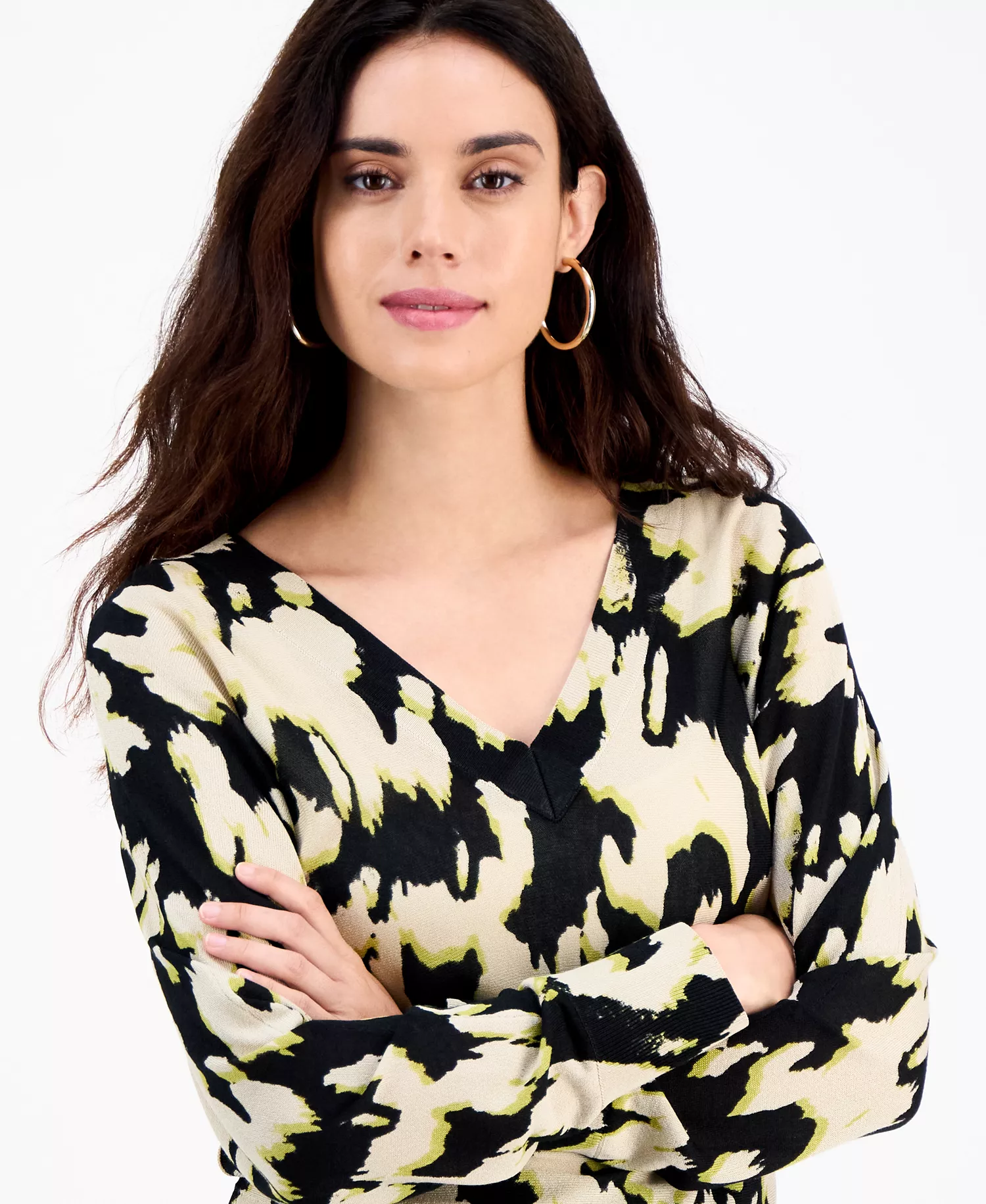 Petite Printed Double-V-Neck Long-Sleeve Sweater, Macy's Exclusive - Tacey Garden - P/S