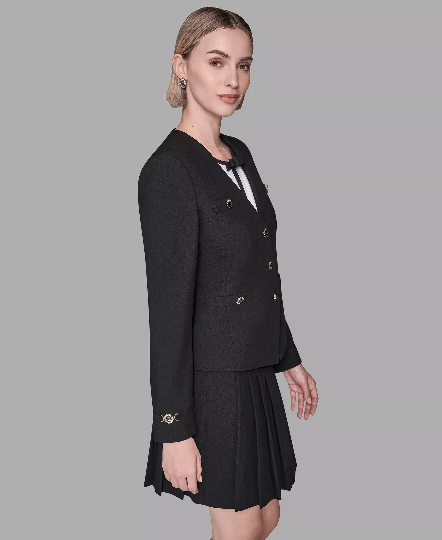 Women's Collarless 3-Button Front Embellished Jacket - Black - 0