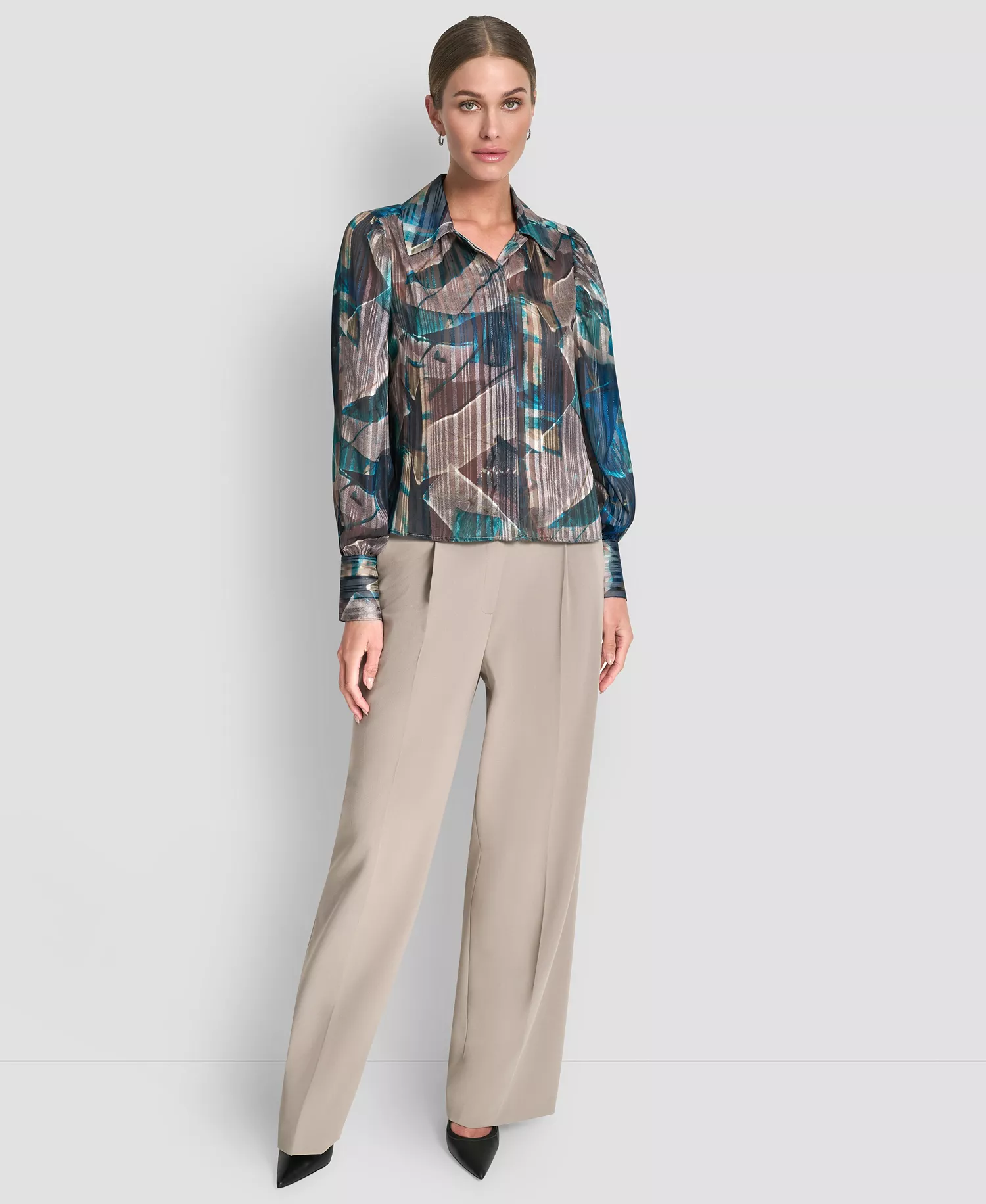 Women's Balloon Sleeve Shirt - City Taupe/ocean Blue Multi - L