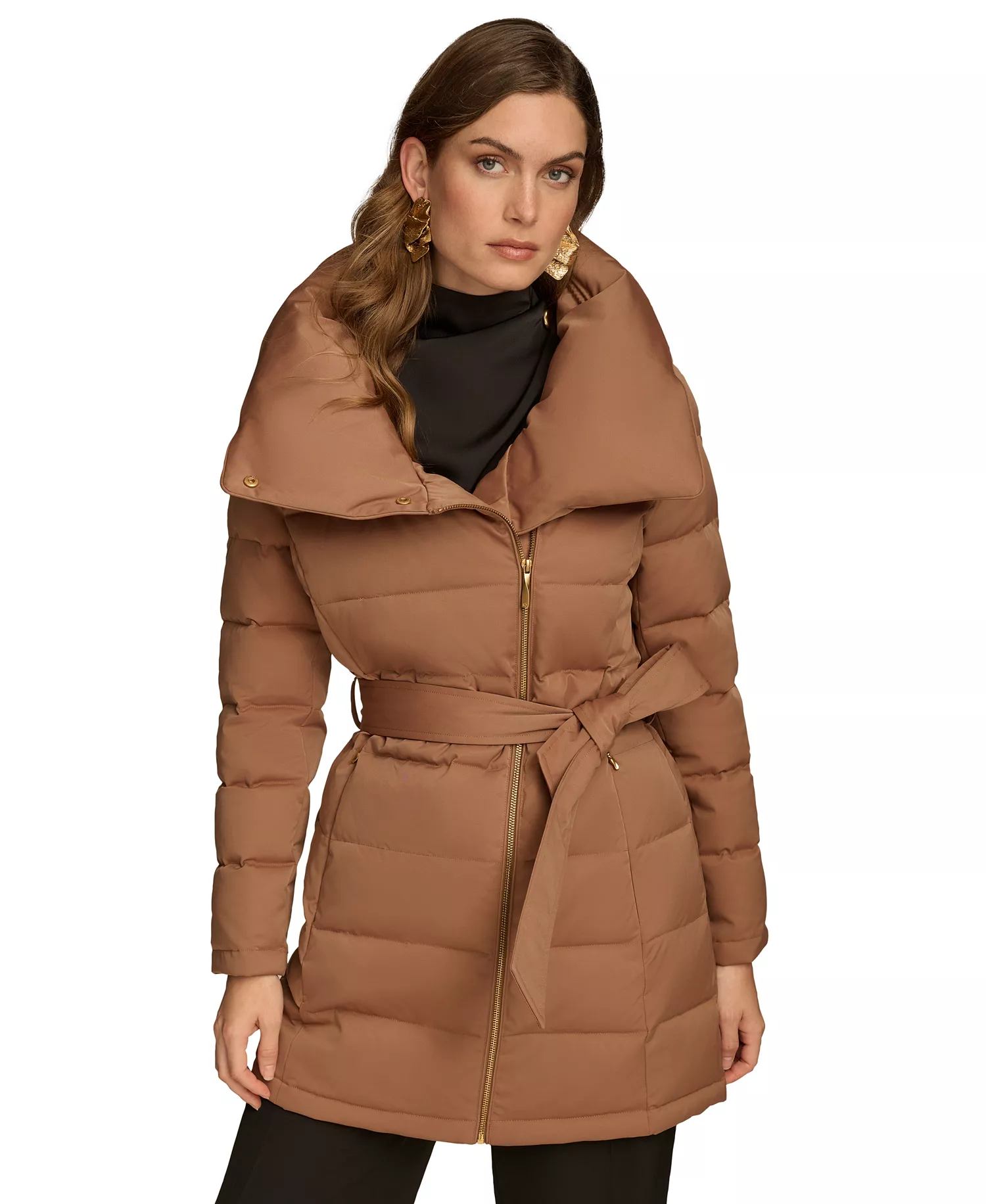 Women's Belted Asymmetric Puffer Coat - Antique Gold - L