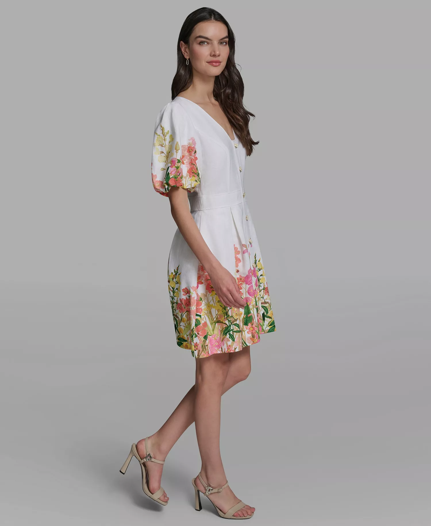 Women's Floral Border Linen Puff-Sleeve Dress - Soft White Multi - 0