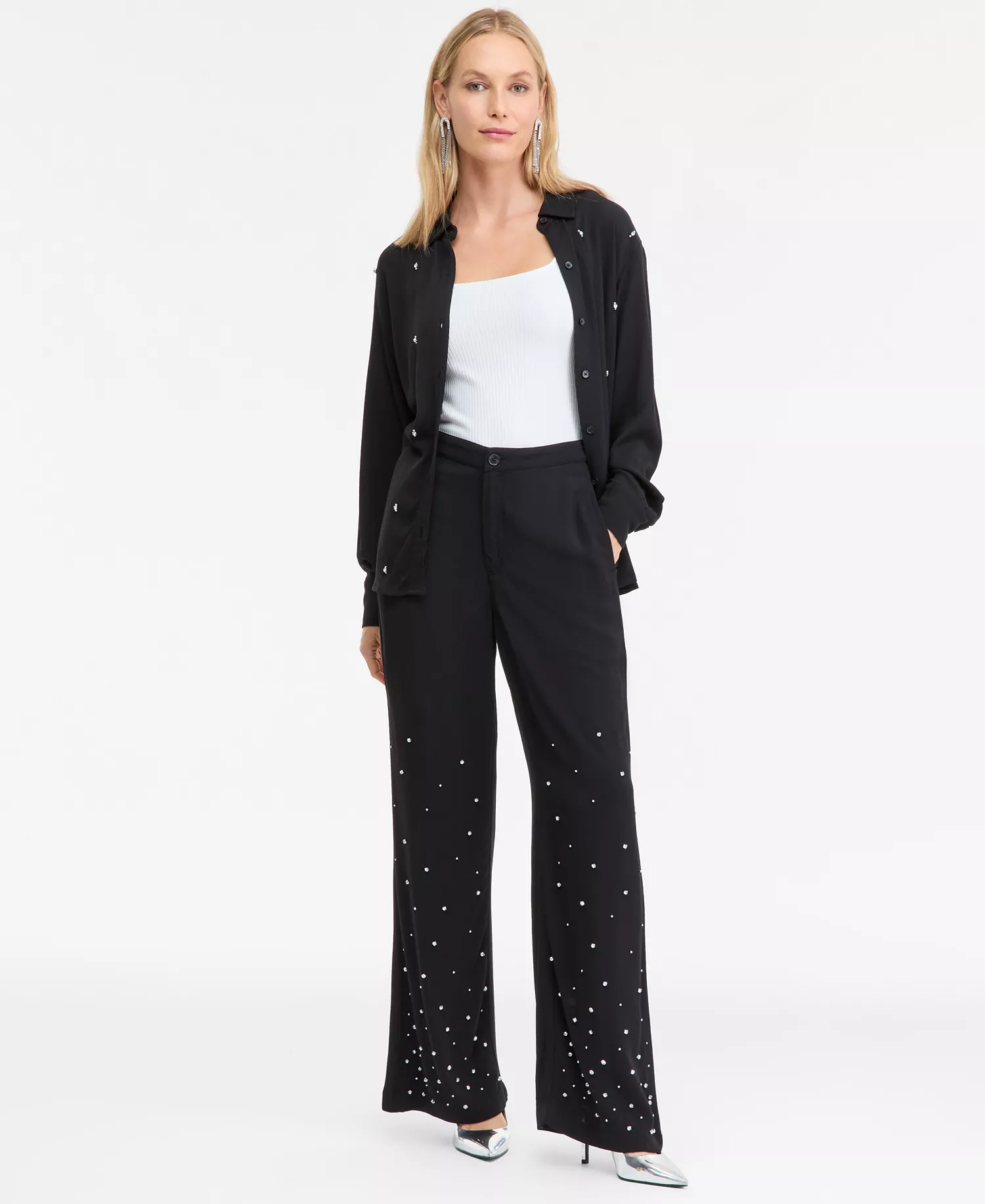 Women's High-Rise Embellished Pants, Macy's Exclusive - Deep Black - 0
