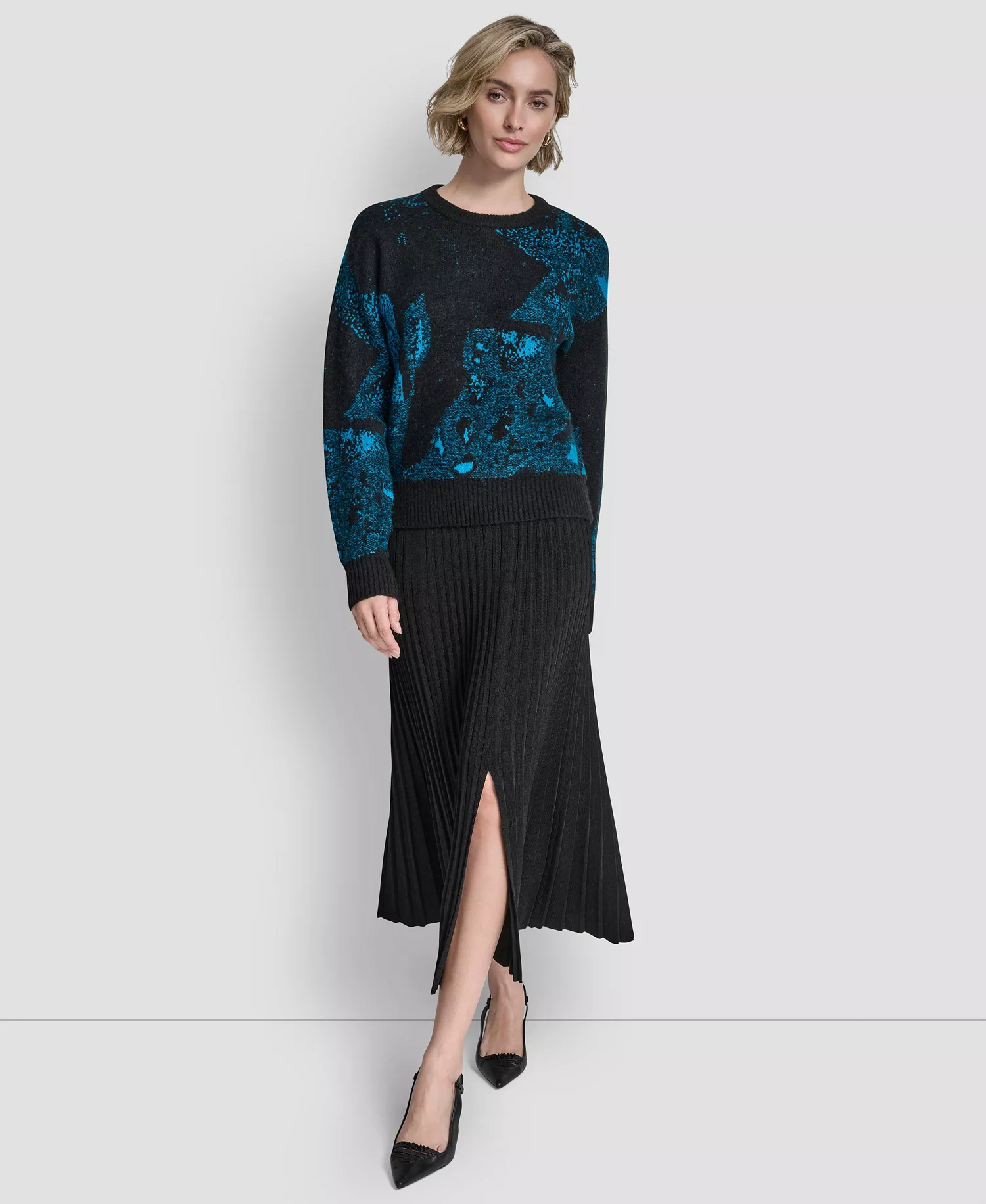 Women's Long-Sleeve Intarsia Mohair Sweater - Black/ocean Blue - L
