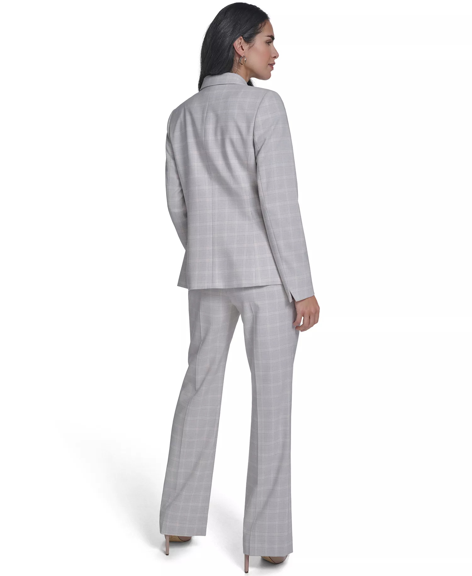 Women's Windowpane Double-Breasted Jacket, Textured Mock Neck Cap Sleeve Top, and Windowpane Modern Fit Pants - Gray - 10