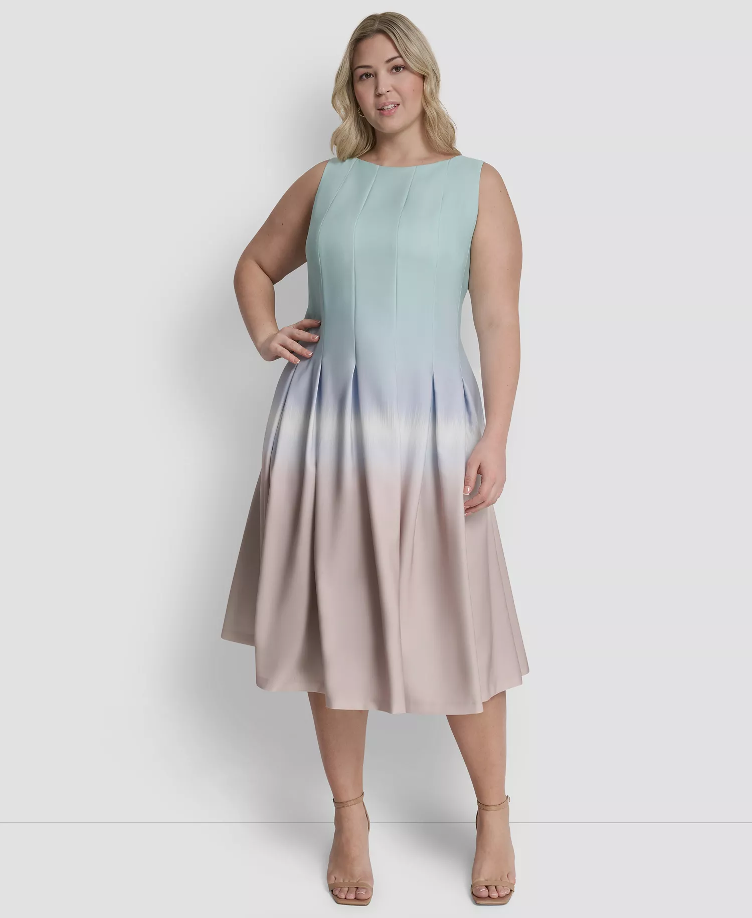 Plus Size Pleated Jewel Neck Sleeveless Midi Dress - Bleached Aqua Multi - 14W