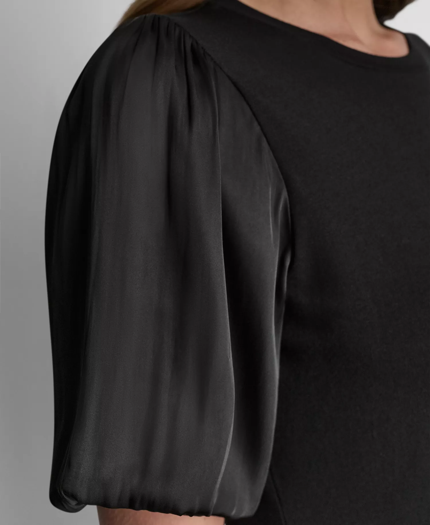 Women's Puffed Crew Neck Mix Media Knit Top - Black - L