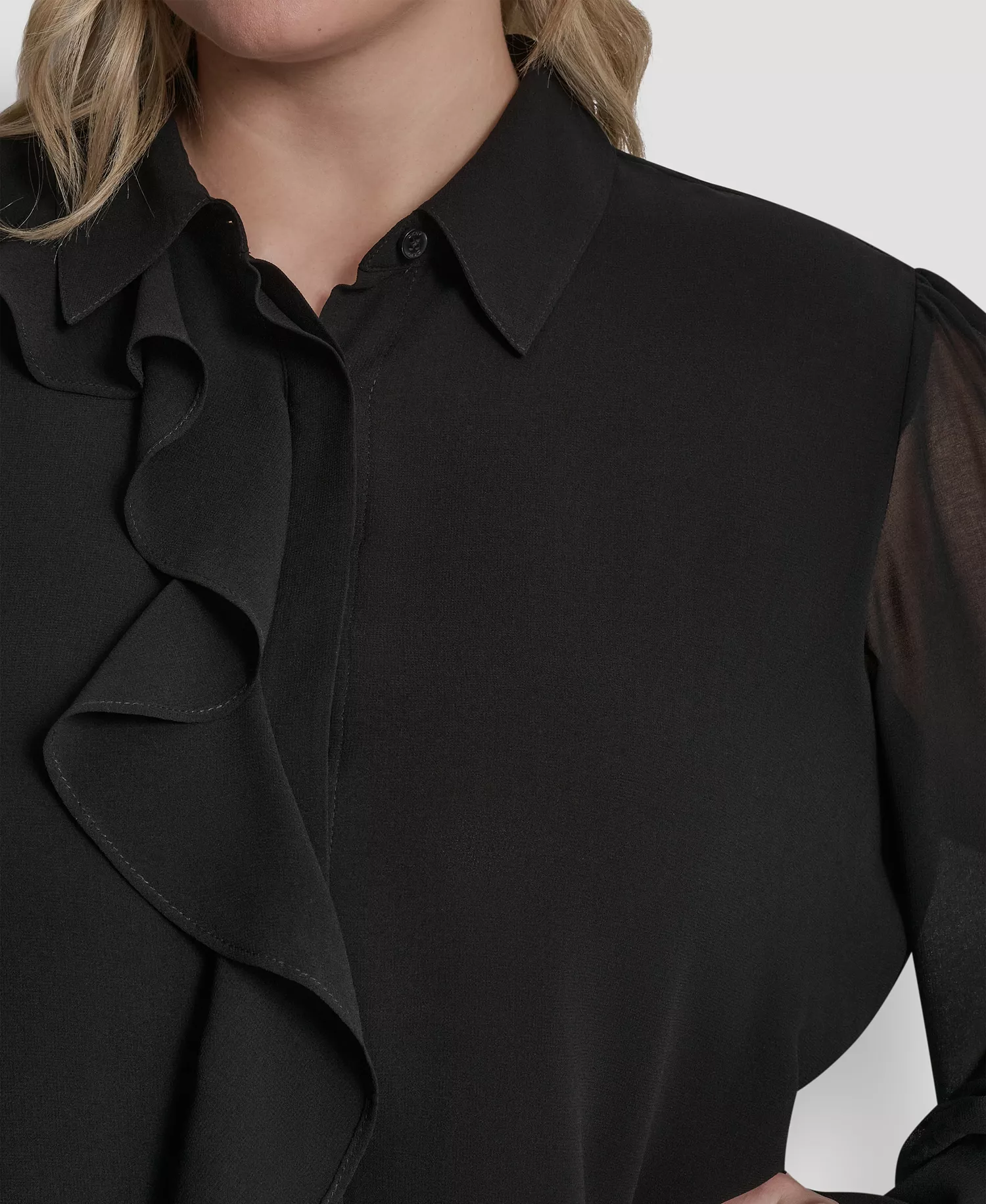 Plus Size Collared Ruffle Detail Long-Sleeve Top - Black - 1X