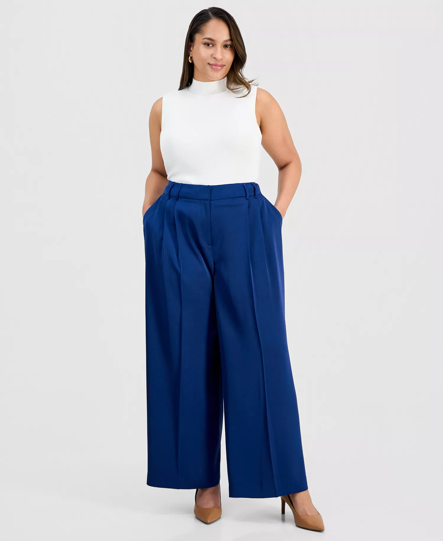 Plus Size Pleat-Front Wide-Leg Satin Pants - Deep River - 14W