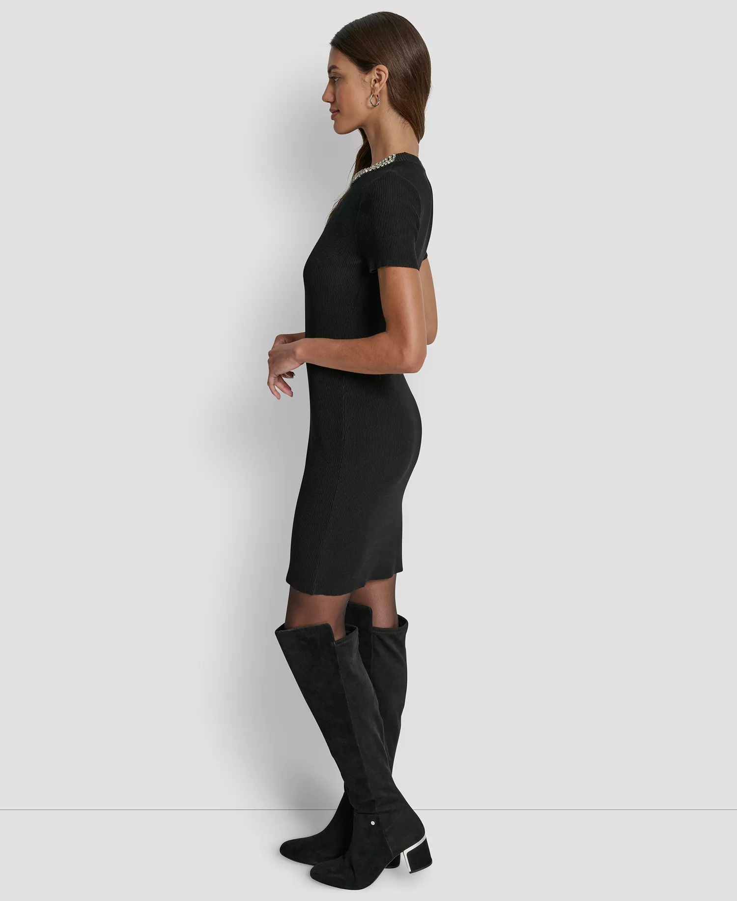 Women's Short-Sleeve Embellished Neck Short Dress - Black - L