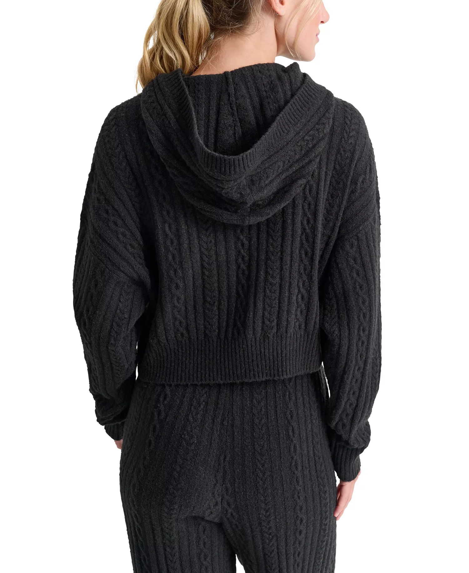 Women's Cable-Knit Pullover Hooded Sweater - Black - L