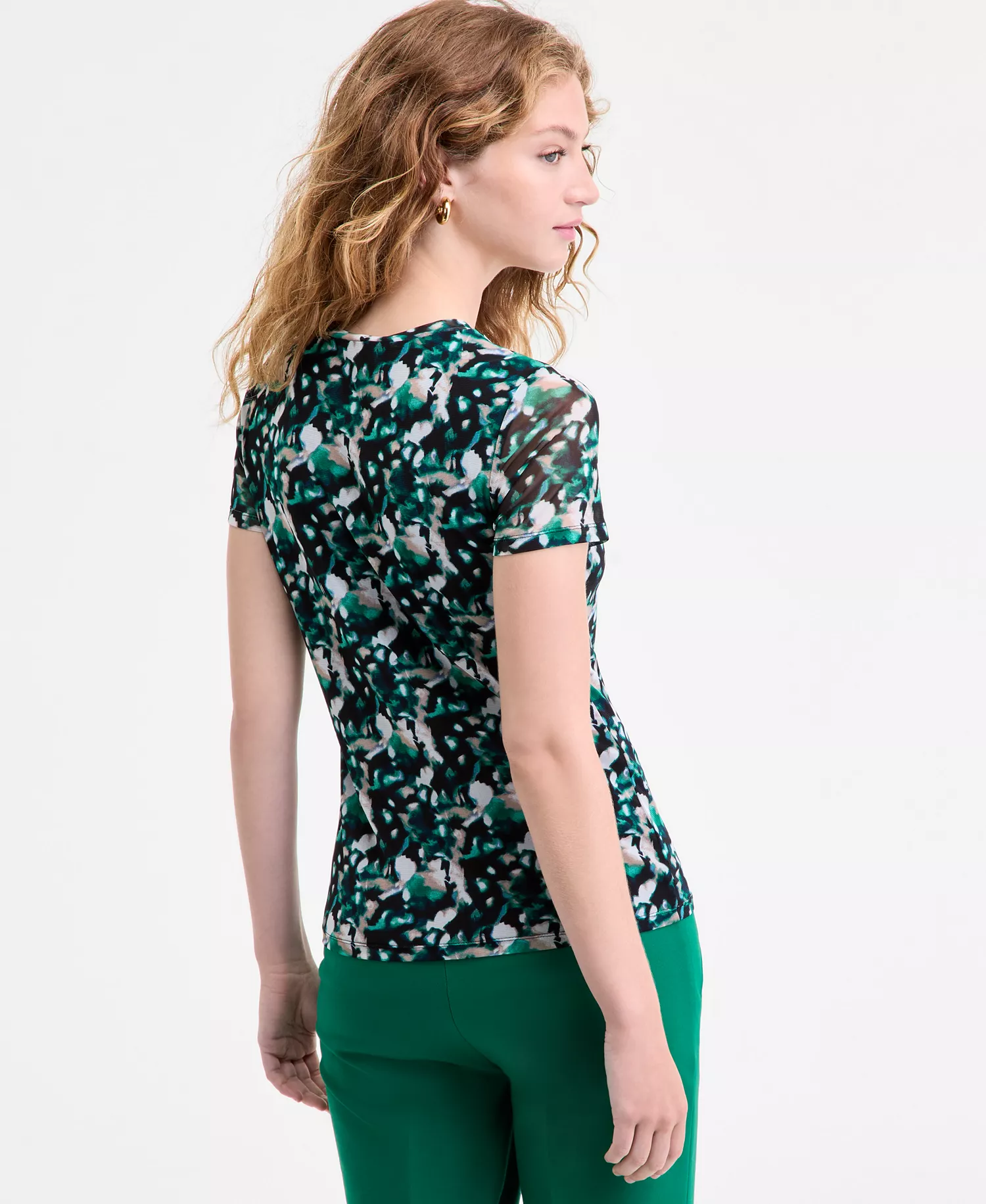 Women's Printed-Mesh Short-Sleeve Tee, Macy's Exclusive - Bright Green Multi - 2XL