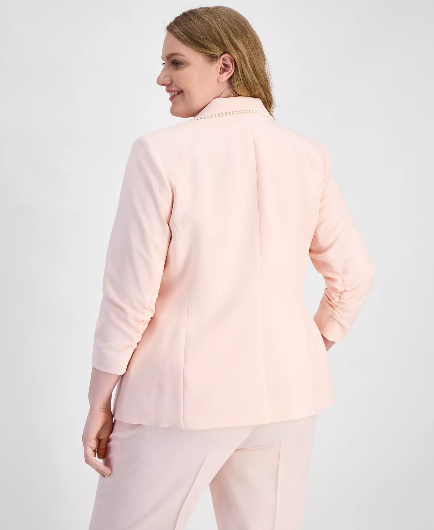 Plus Size Faux-Pearl-Trim Ruched-Sleeve Blazer - Tea Rose - 14W