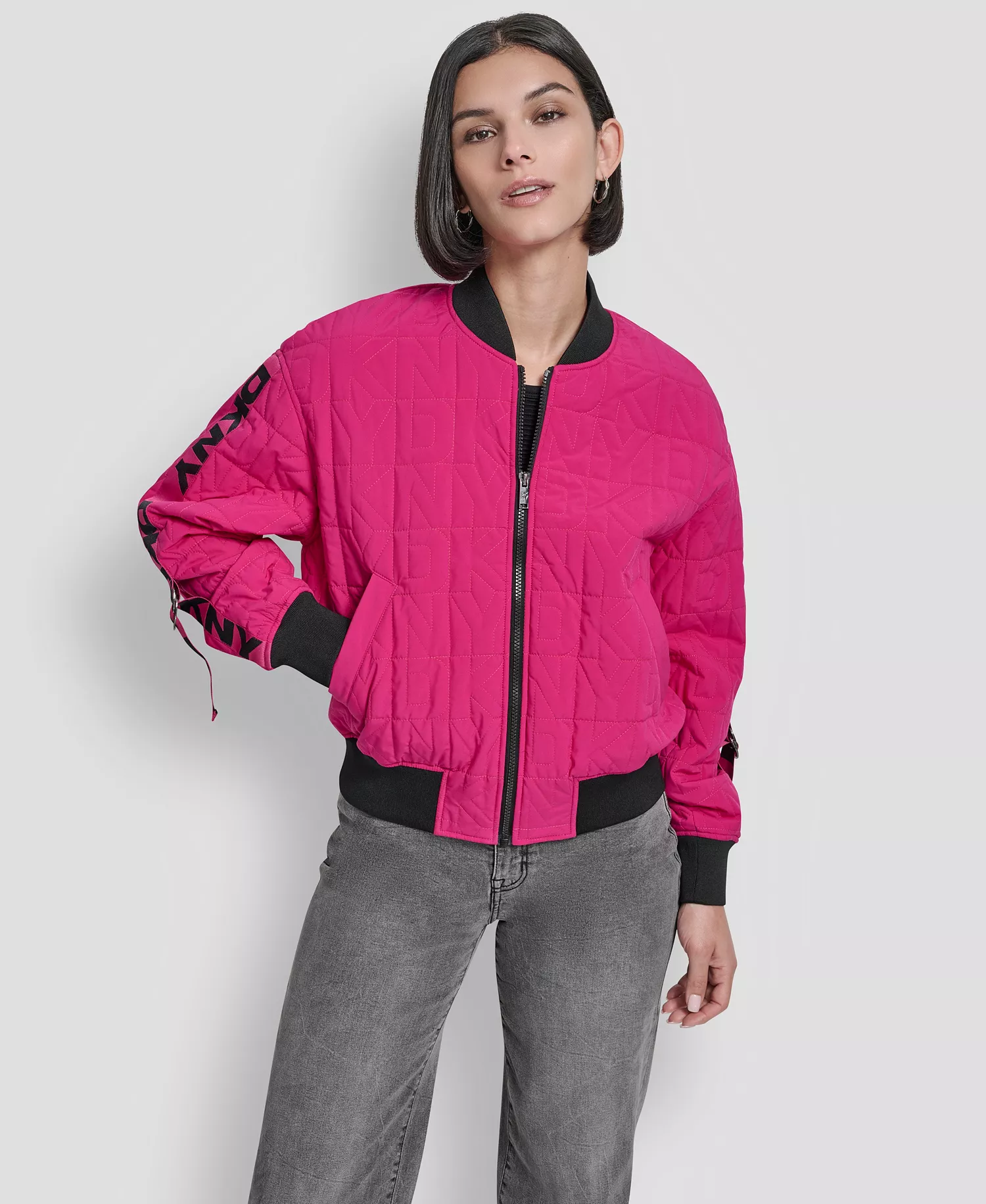 Women's Collar Zip-Front Quilted Bomber Jacket - Fuchsia - XS