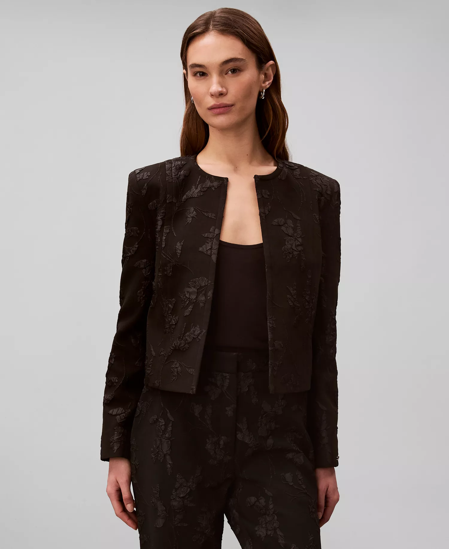 Women's Floral Square Neck Mini Dress and Novelty Crewneck Cropped Jacket - Black Floral Cuttings Cloque Jacquard - 10