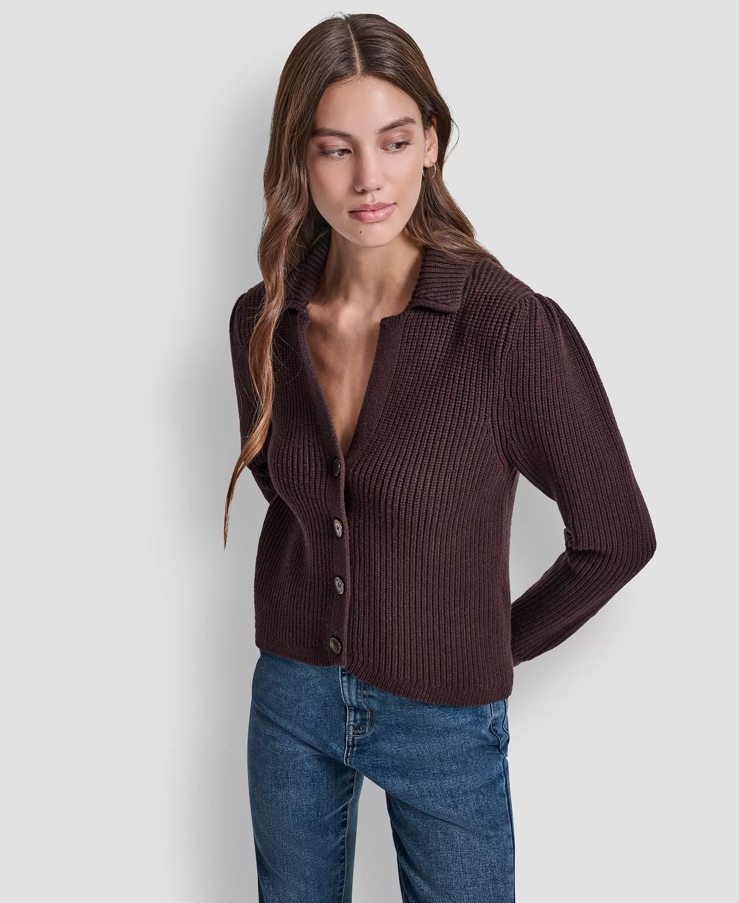 Women's Shaker Stitch Detail Cropped Cardigan Sweater - Espresso - L
