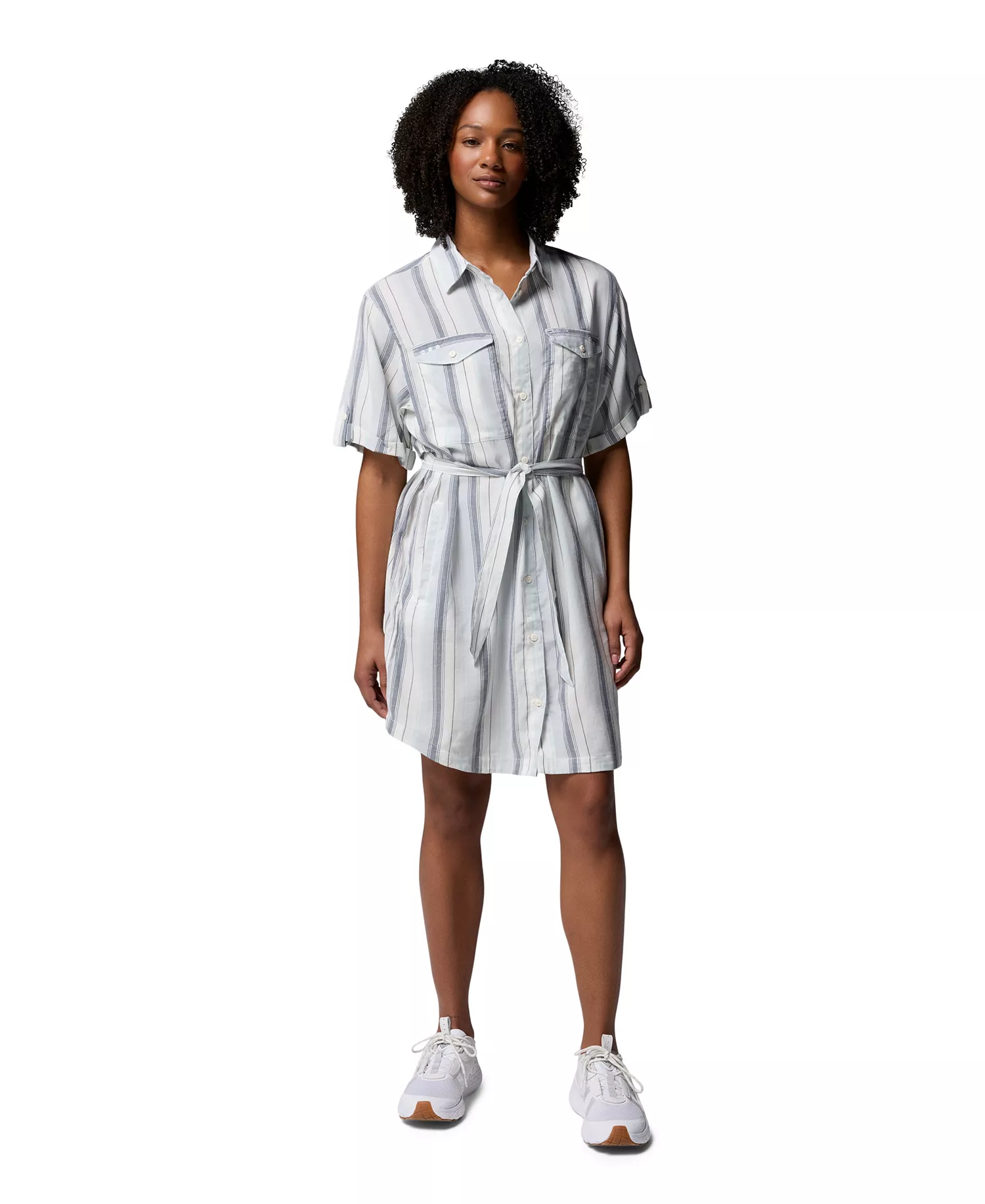 Women’s Striped Short-Sleeve Shirt Dress - Cirrus Grey, Lowtide Stripe - L
