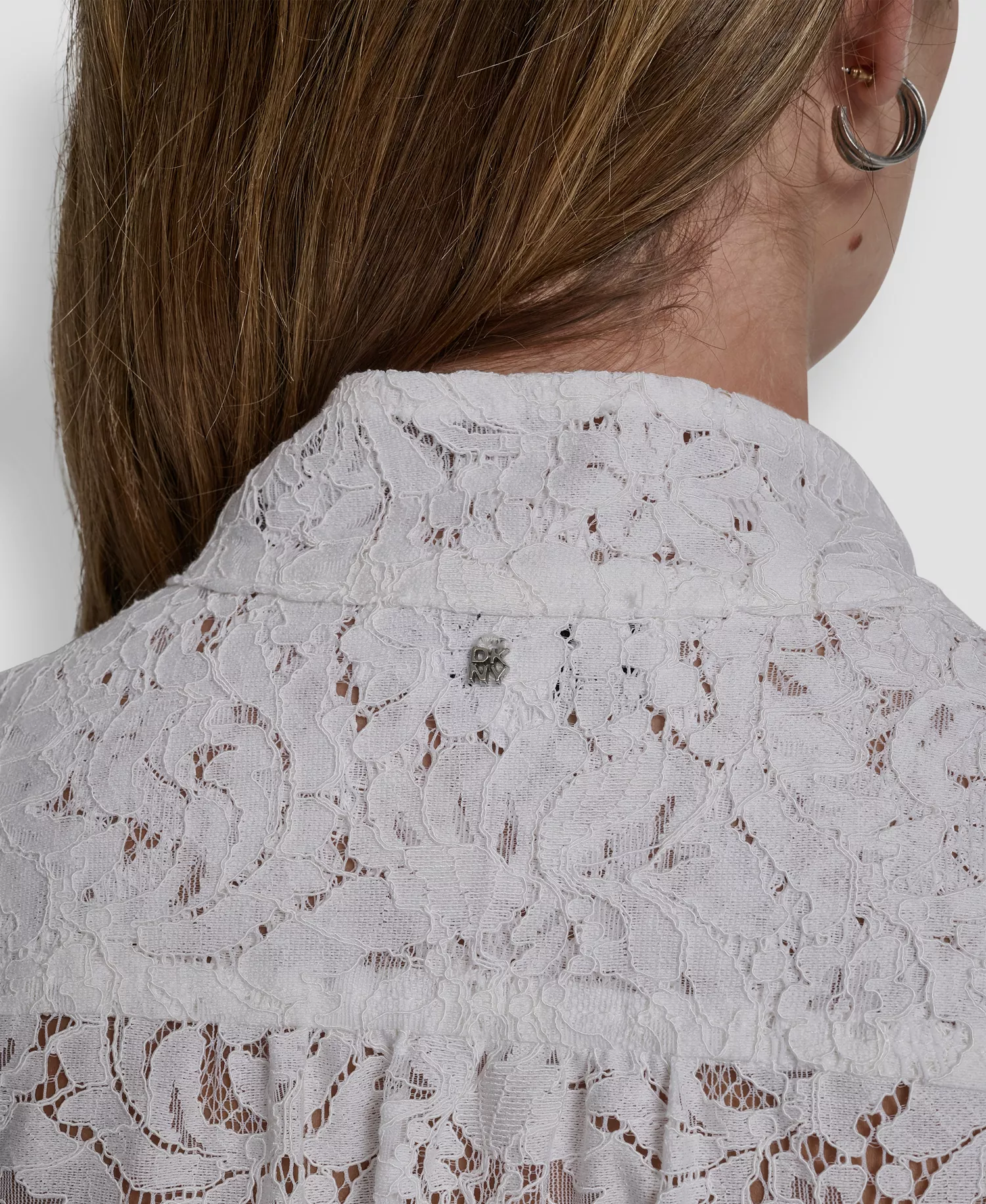 Women's Lace Puff Sleeve Stand Collar Shirt - Ivory - L