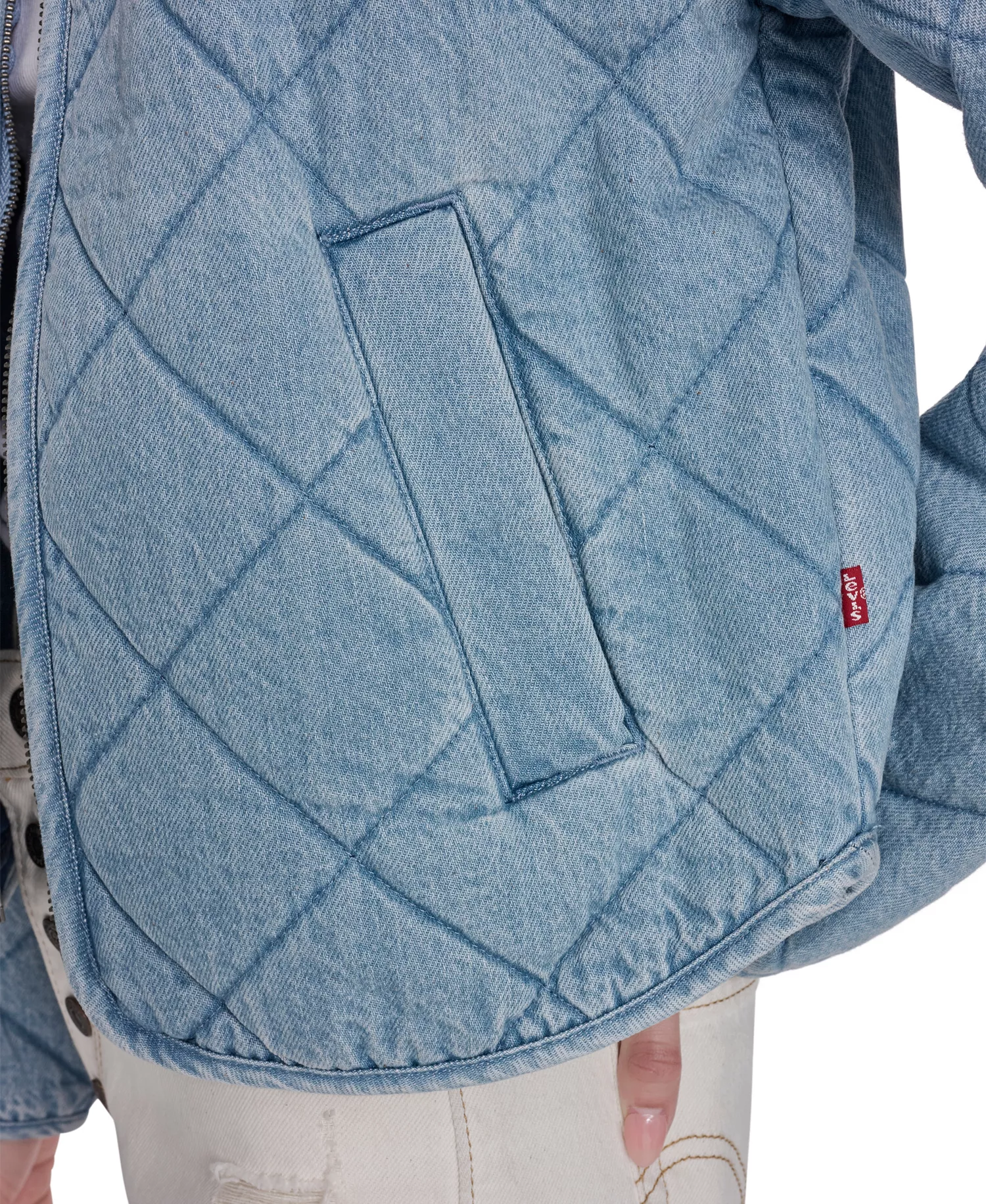 Women's Diamond-Quilted Cotton Jacket - Light Wash Denim - L