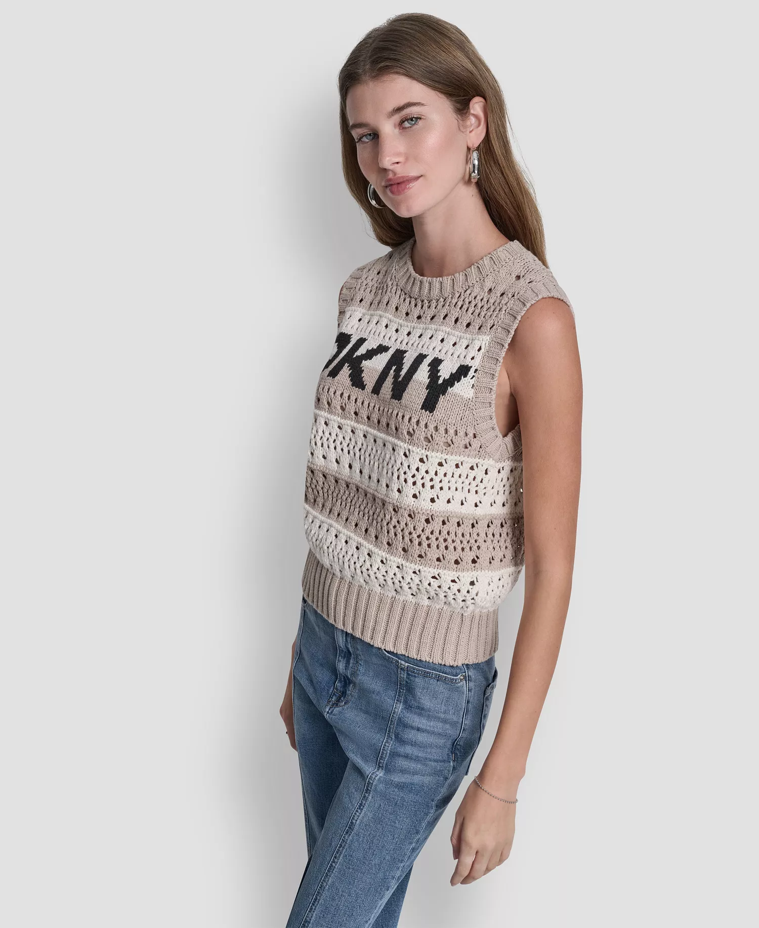 Women's Crew Neck Striped Pointelle Stitch Sweater - Pebble Ivory Black - L