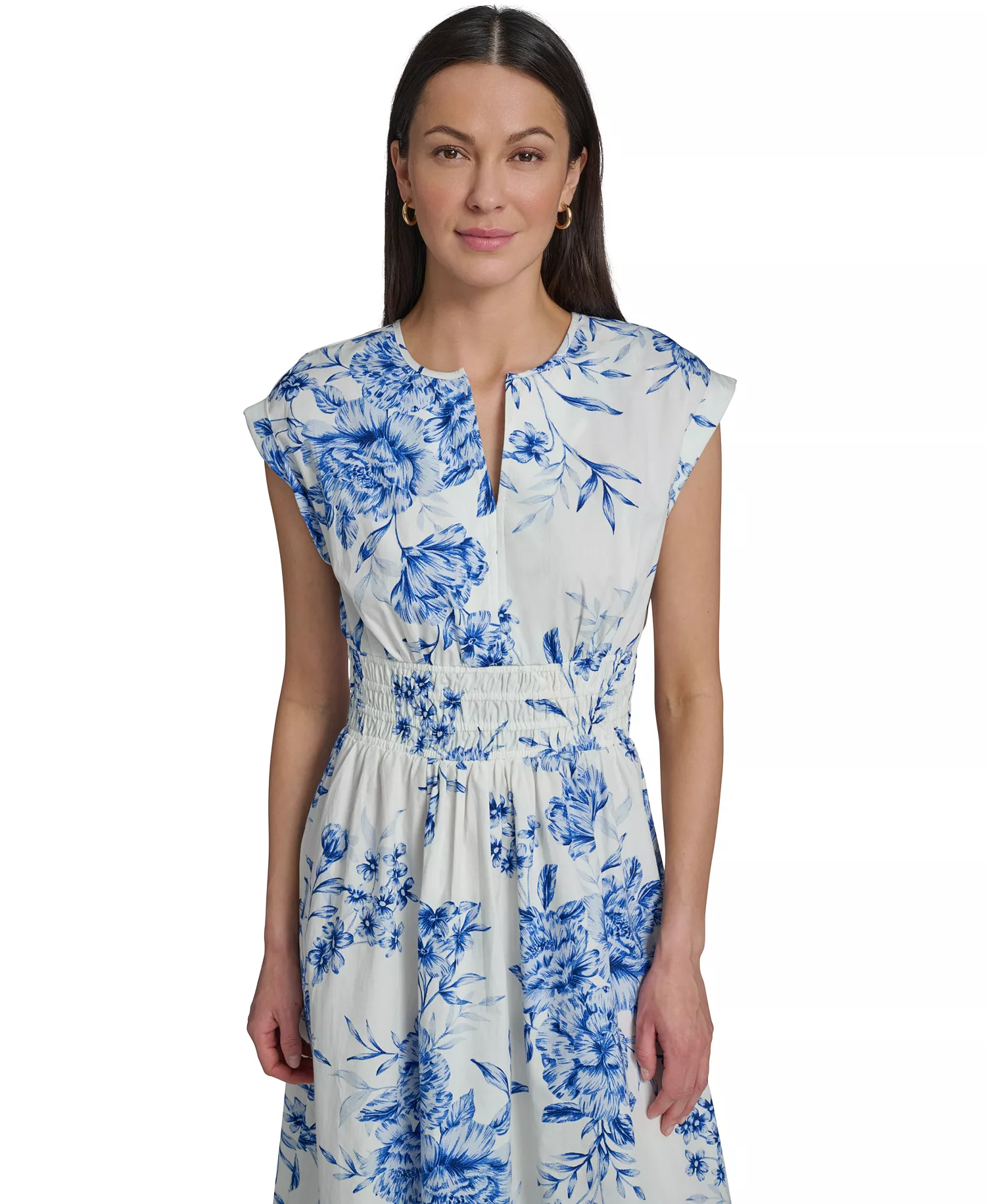 Women's Floral Smocked V-Neck A-Line Midi Dress - CHAMBRAY MULTI - 10