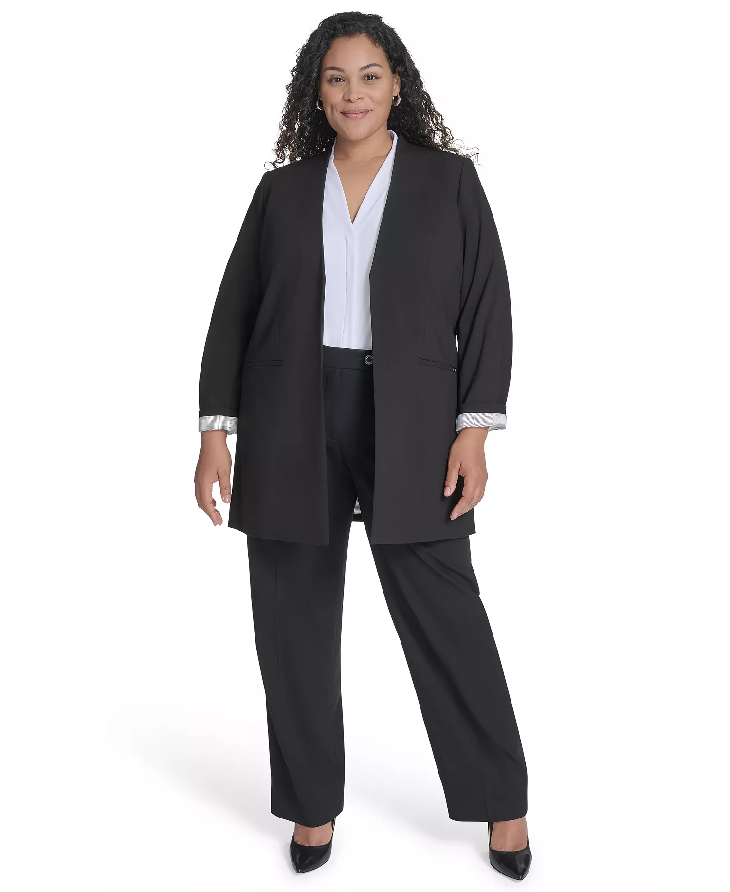 Plus Size Collarless Open-Front Topper Jacket - Black - 14W