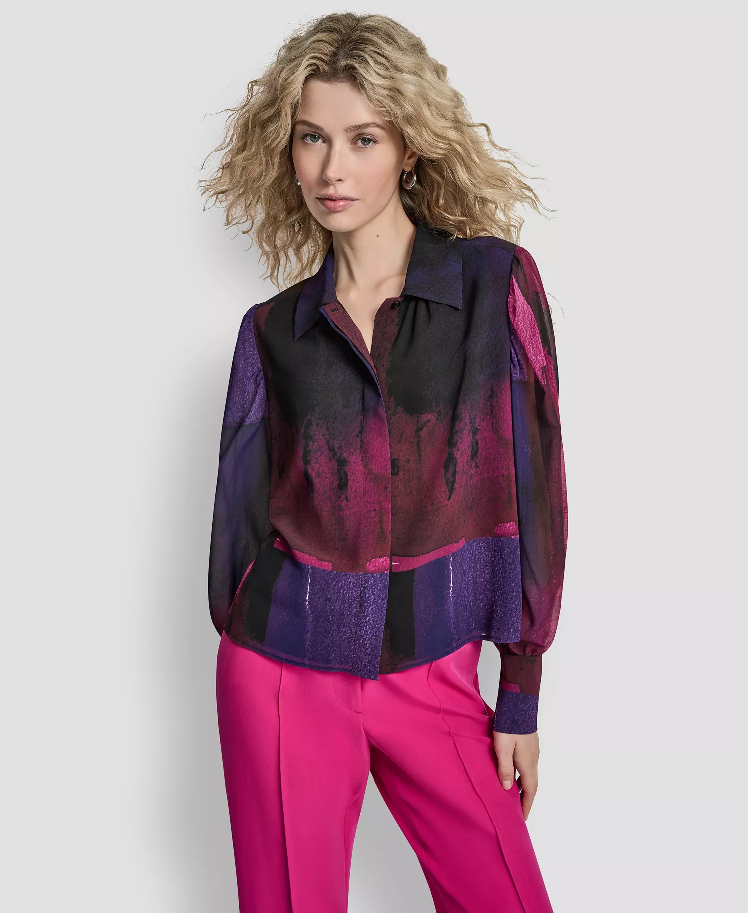 Women's Balloon Sleeve Collared Neck Top - Fuchsia/dk Violet Mlt - S