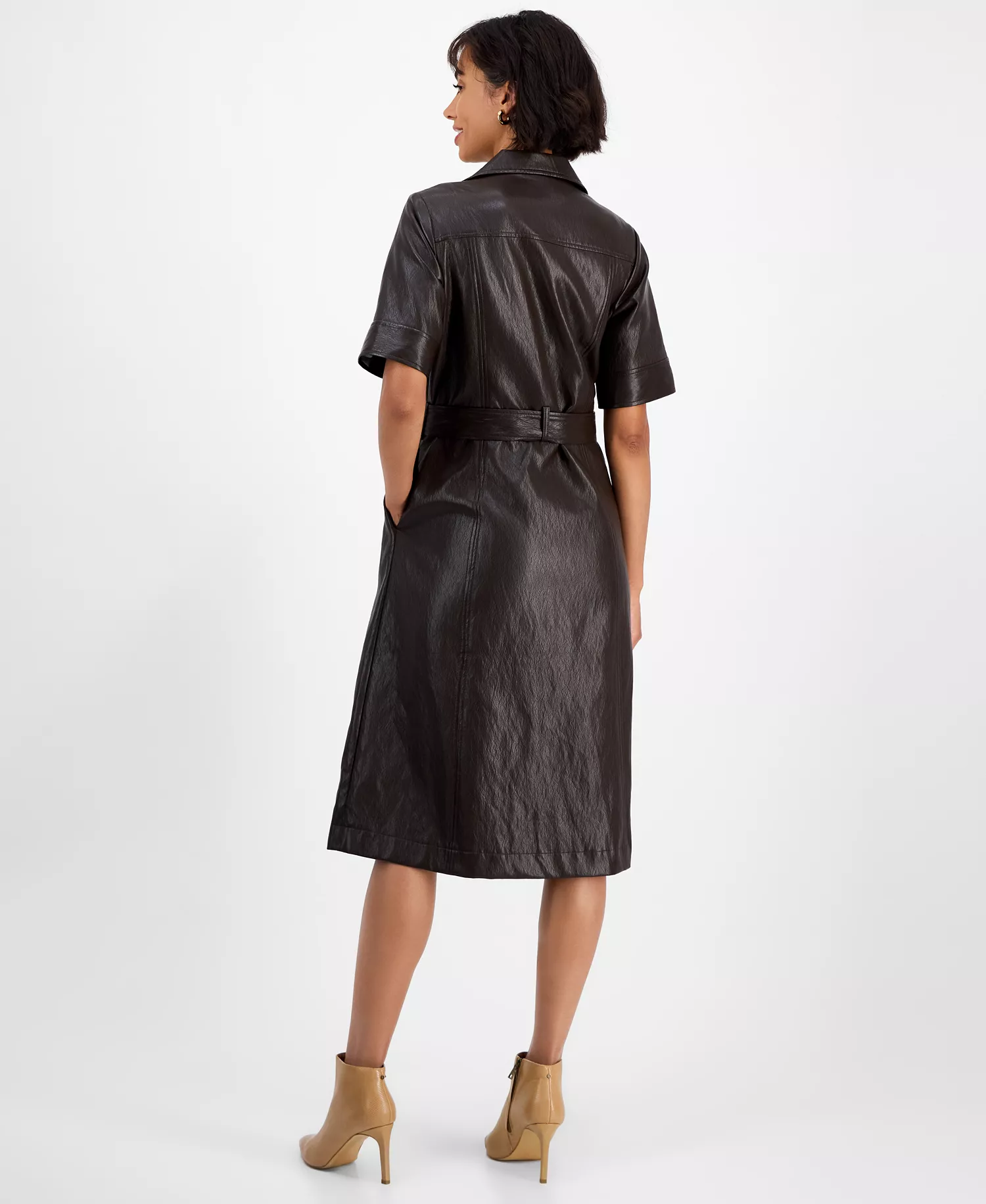 Women's Faux-Leather Belted Button-Front Dress - Espresso Bean - 2