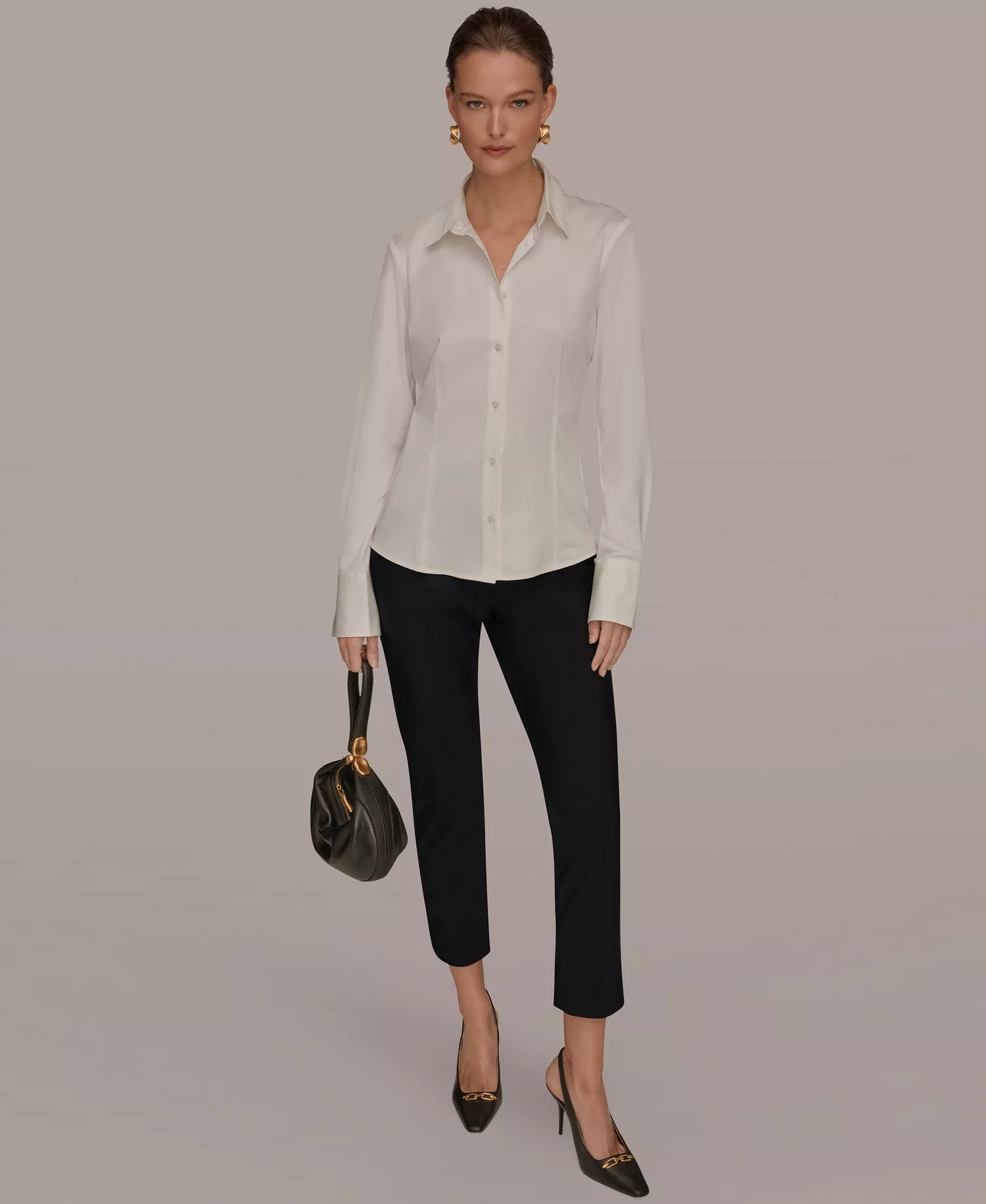 Women's Mixed Media Long-Sleeve Poplin Shirt - Cream - L