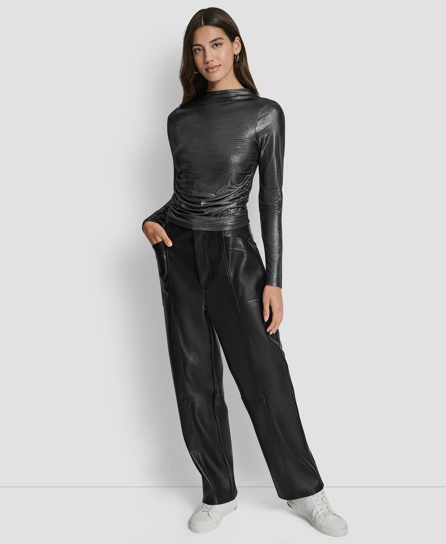 Women's Ruched Detail Long-Sleeve Top - Black/silver - L