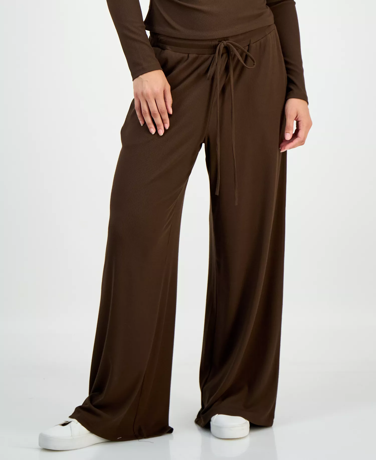 Petite Ribbed Knit High Rise Drawstring Wide-Leg Pants, Macy's Exclusive - Coco Oak - P/L
