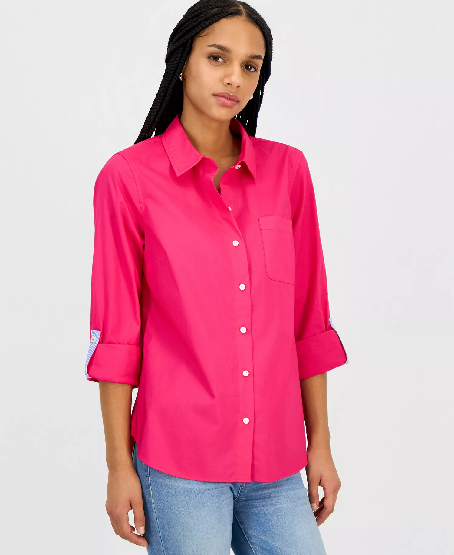 Women's Roll-Tab Button-Front Shirt - Aster Pink - L