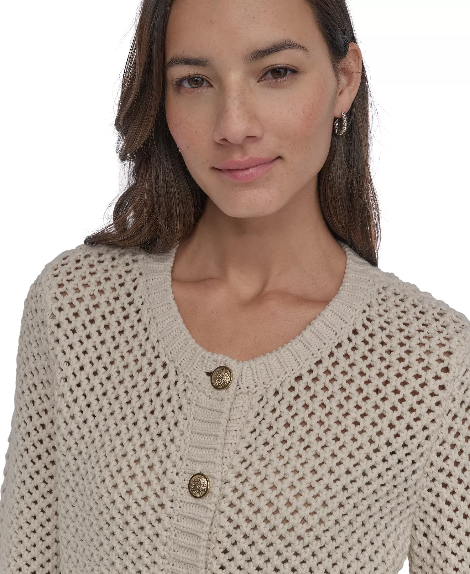 Women's Open-Knit Cardigan Sweater - Ivory/Silver - L