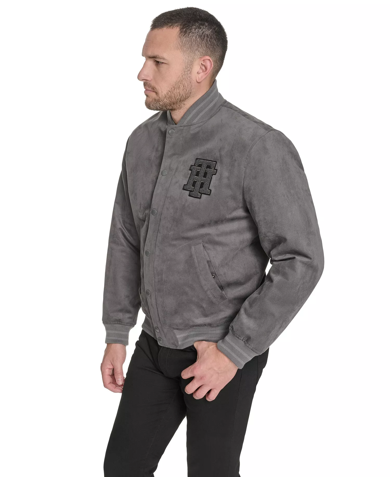 Men's Faux Suede Varsity Bomber with Patches - Gray - 2XL