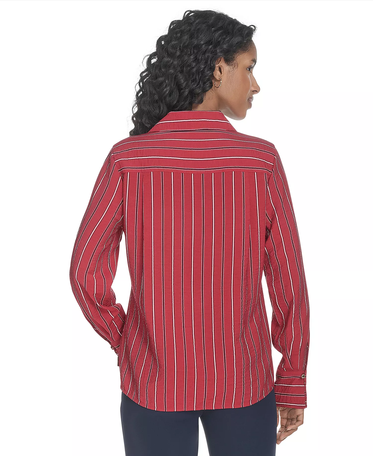 Women's Striped Long-Sleeve Popover Top - Crimson Multi - L