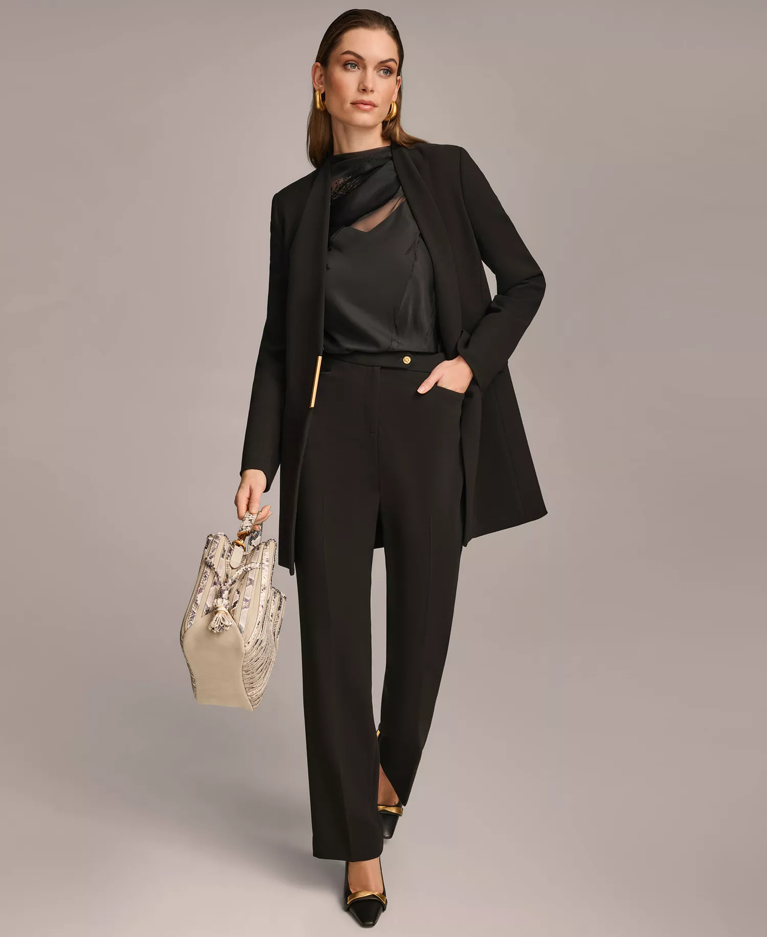 Collarless Topper Jacket & Straight-Leg Pant Suit Separates - Black - 0
