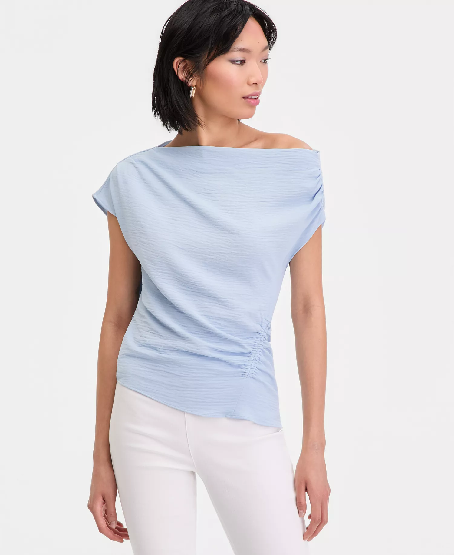 Women's Short Sleeve Asymmetric Blouse, Macy's Exclusive - Bliss Blue - L