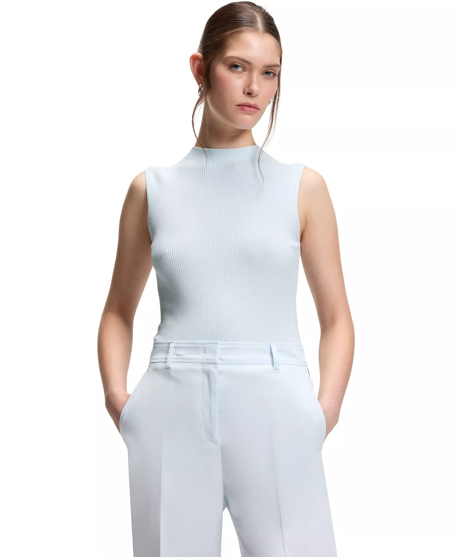 BOSS by Women's Mock Neckline Ribbed-Knit Top - Open Blue - L