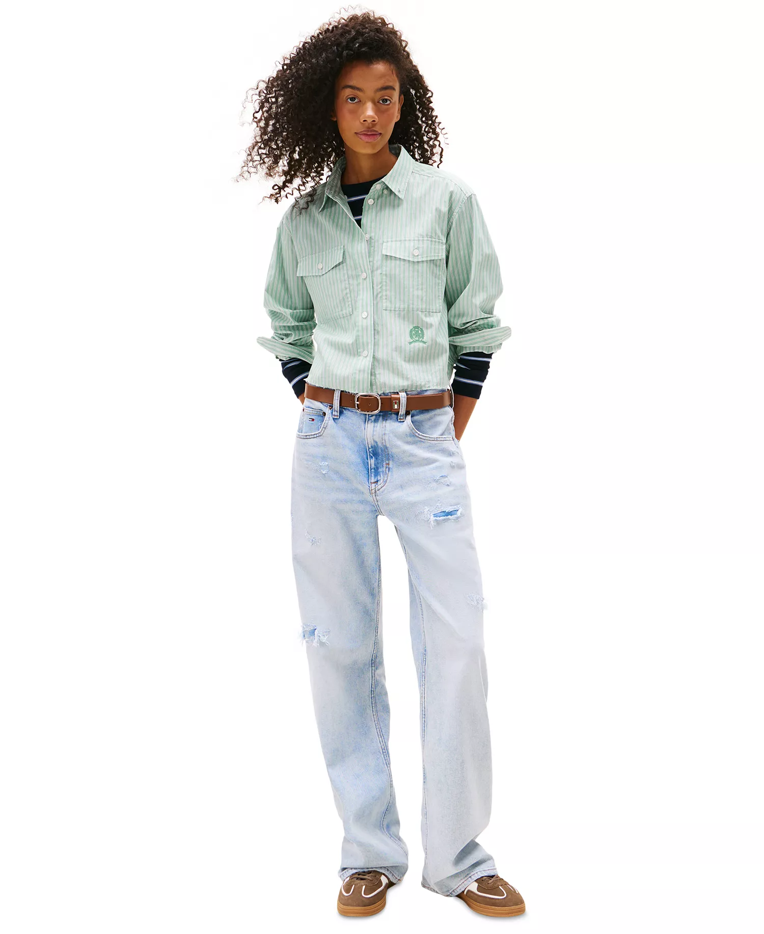 Women's Cotton Crop Button-Front Crest Shirt - Cloudy Jade - L