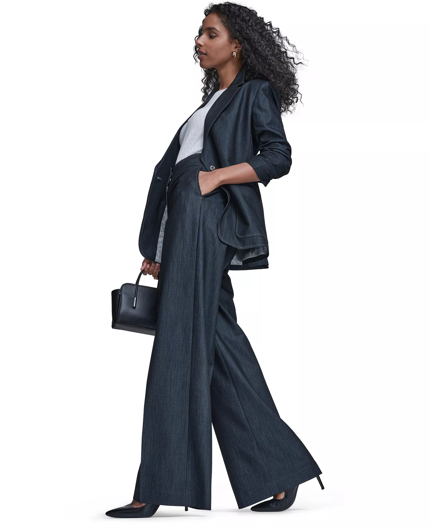 Women's Faux Denim 3/4-Sleeve Jacket, Denim Wide Leg Pants, and Textured Short-Sleeve Sweater - Indigo - 10