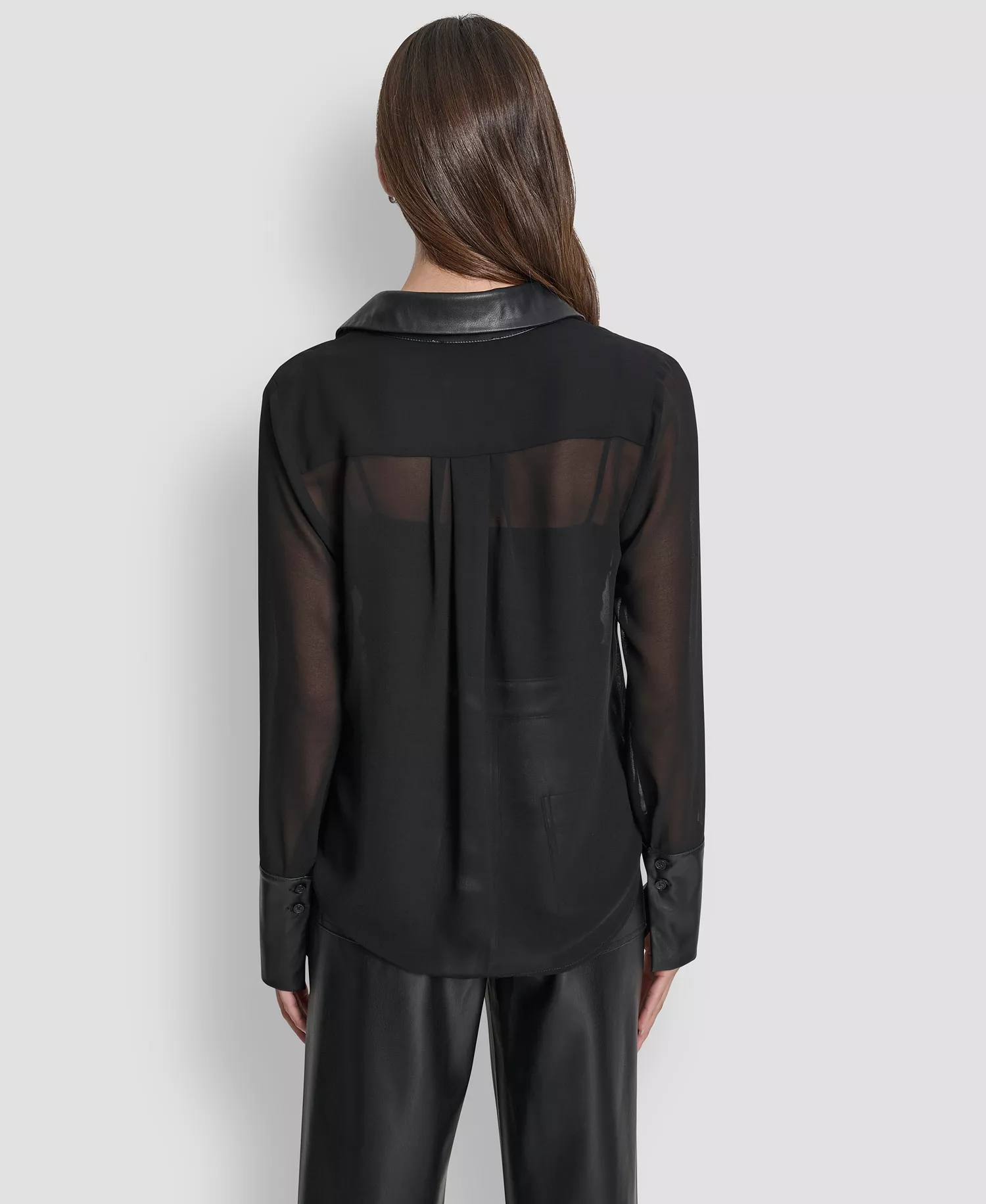 Women's Faux-Leather Trim Sheer-Mesh Shirt - BLK - BLACK - L