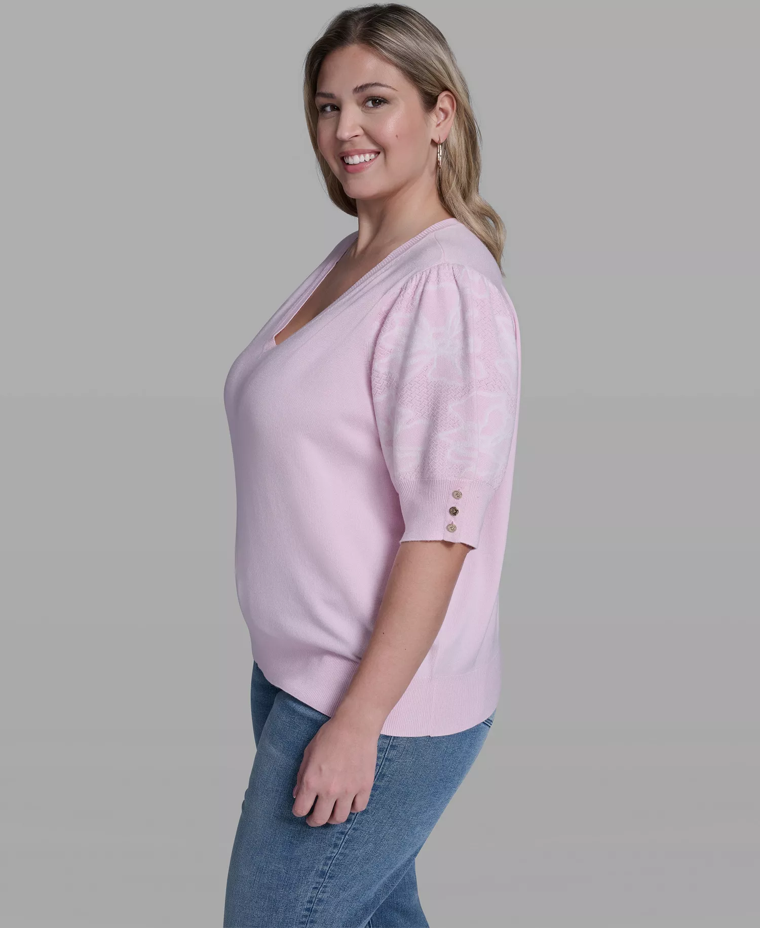 Plus Size Floral Printed Sleeve Sweater - Ballet Slipper - 0X