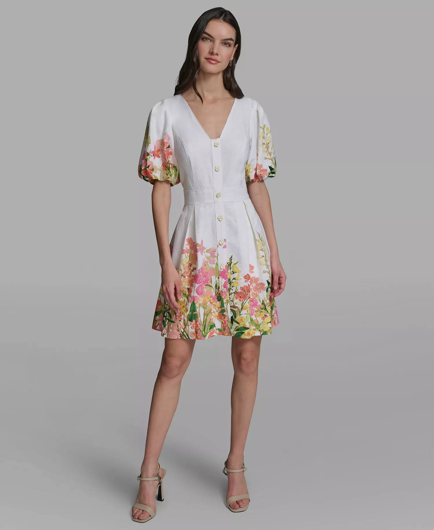 Women's Floral Border Linen Puff-Sleeve Dress - Soft White Multi - 0