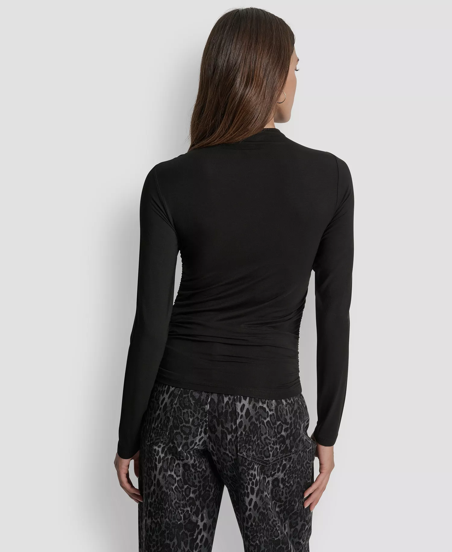Women's Side Ruched High Neck Long Sleeve Top With Rhinestud Logo - Black/Gunmetal - L