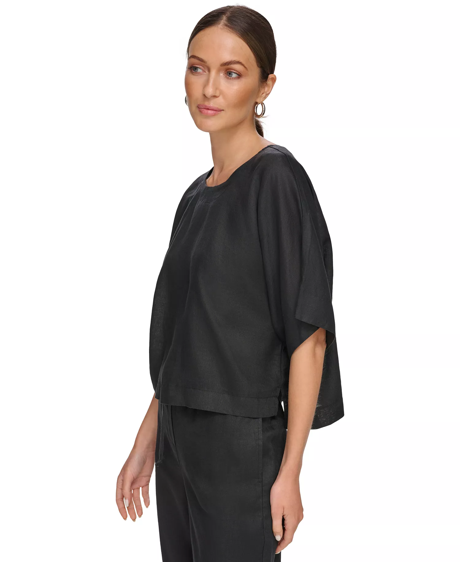 Linen Drop Shoulder Short Sleeve Top - Black - L