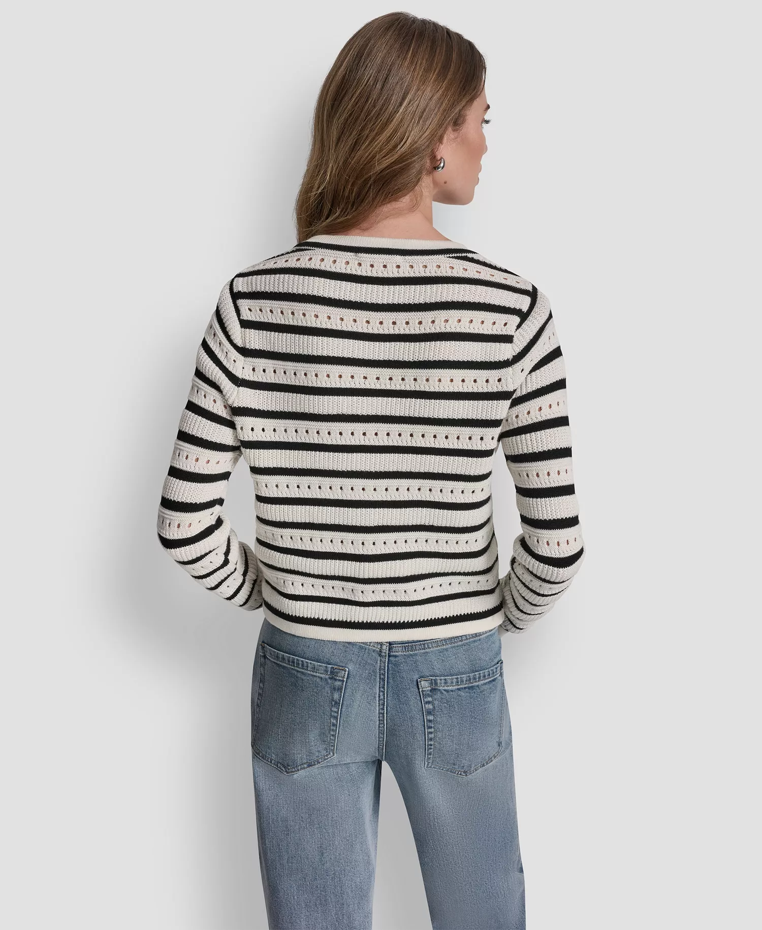 Women's Crew Neck Pointelle Sweater - Ivory/black - L