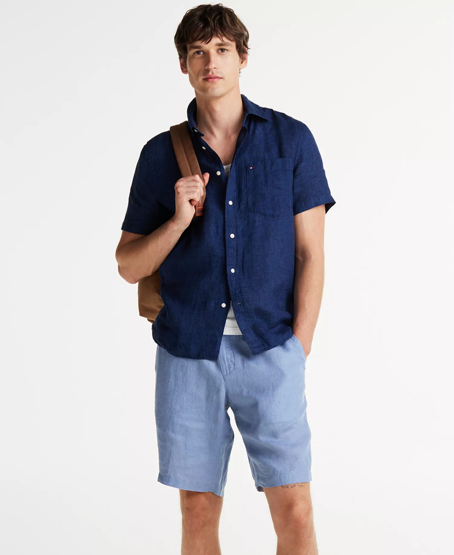Men's Short-Sleeve Pigment-Dyed Linen Button-Front Shirt - Night Sky - M