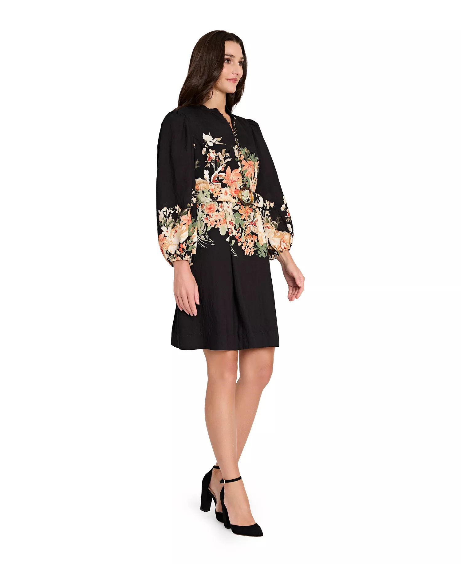 Petite Printed Long Sleeve Dress - Black Multi - 2P
