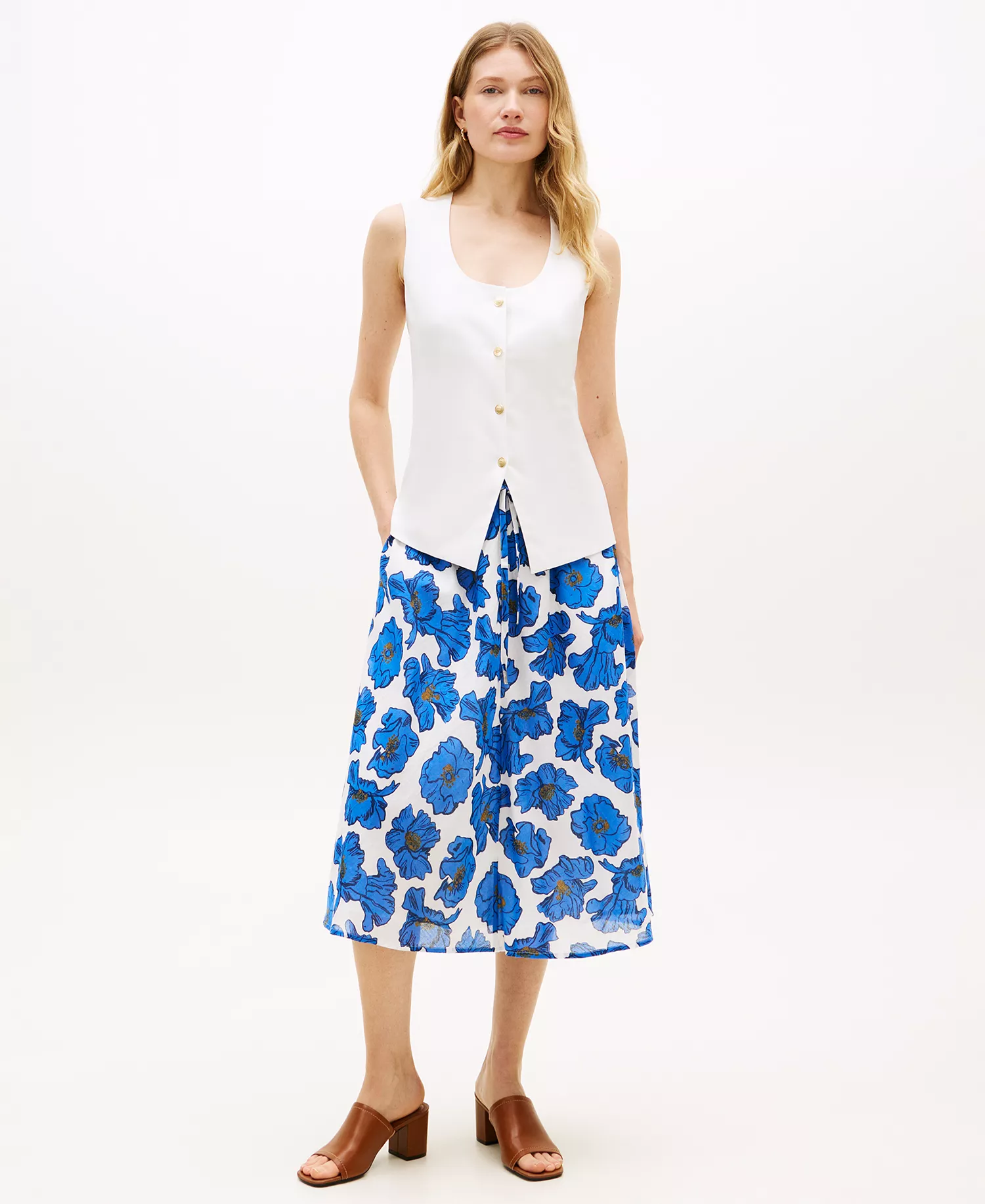 Women's Cambric Printed Pull-On Skirt - White/Blue - L