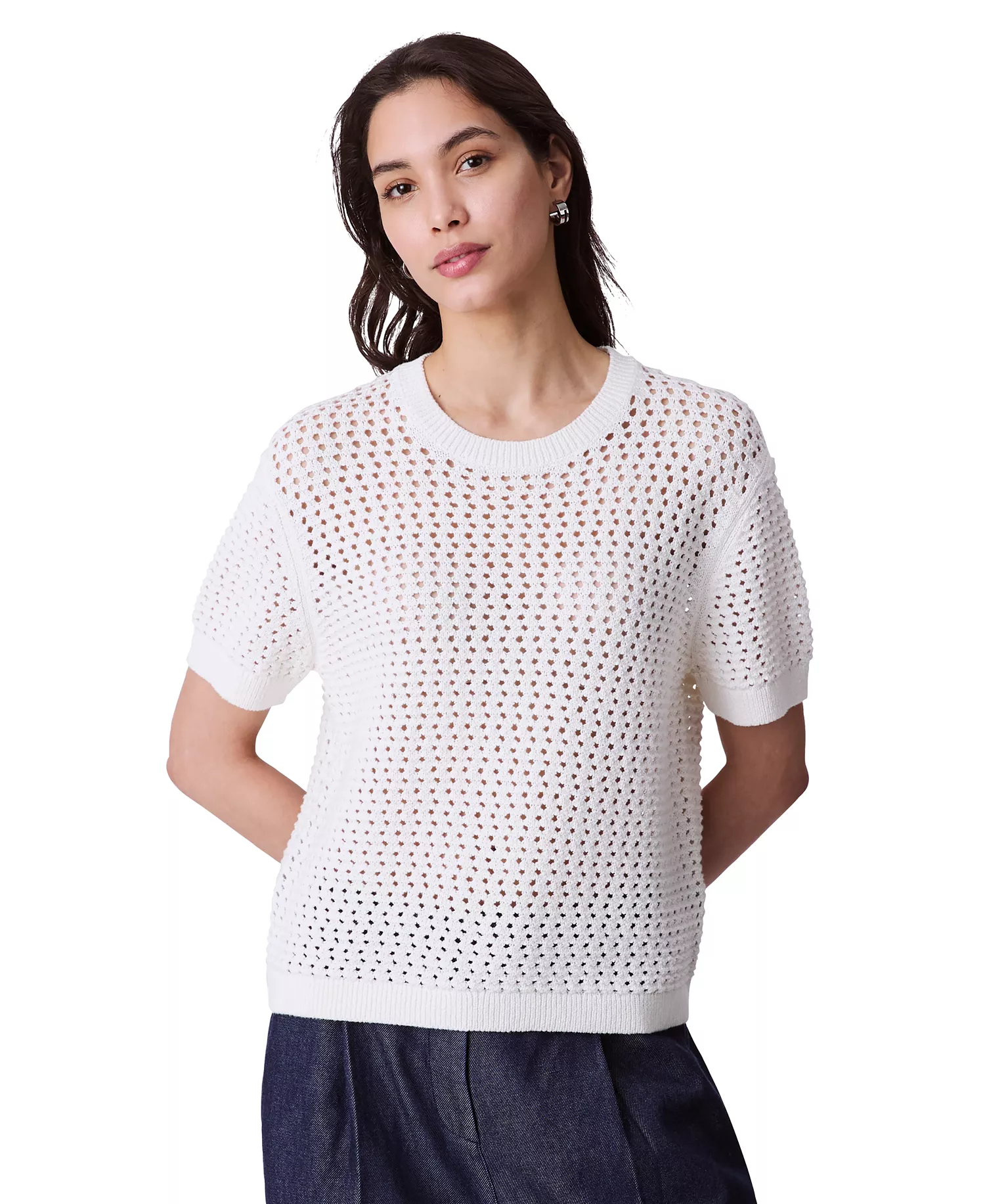 Women's Cotton Open-Stitch Short-Sleeve Sweater - Tofu - XS