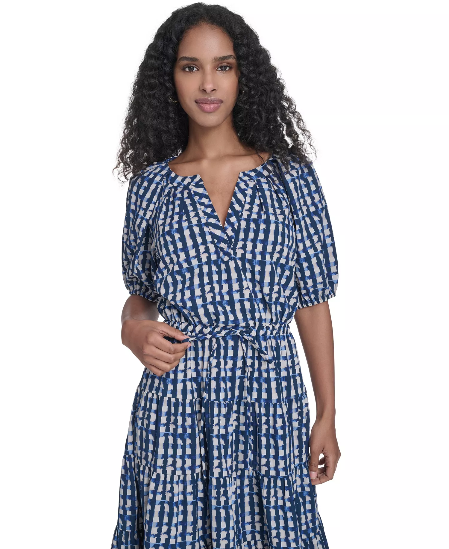Women's Tiered V-Neck Midi Dress - Indigo/Stoney Beige Multi - 10